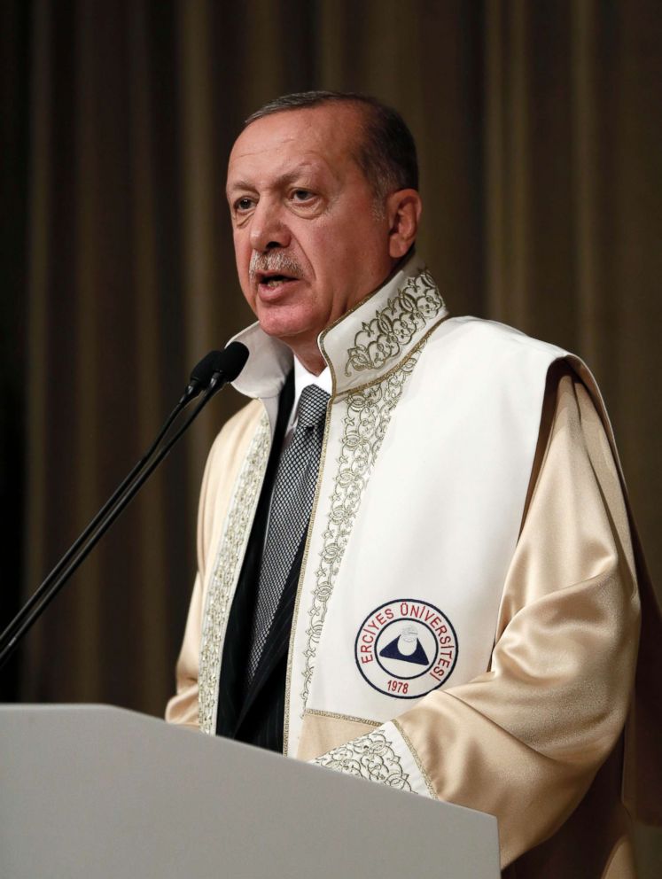 PHOTO: Turkey's President Recep Tayyip Erdogan speaks after receiving an honorary doctorate from the Erciyes University, in Kayseri, Turkey, Oct. 13, 2018.