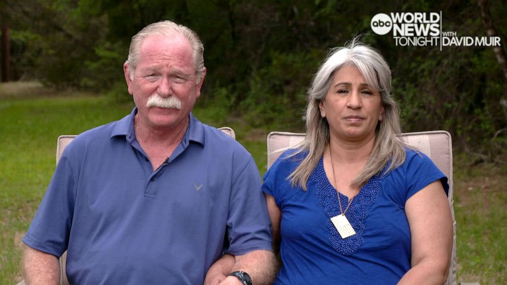 PHOTO: Joey and Paula Reed, parents of Trevor Reed, speak to ABC News' Davd Muir, April 27, 2022, from their home.