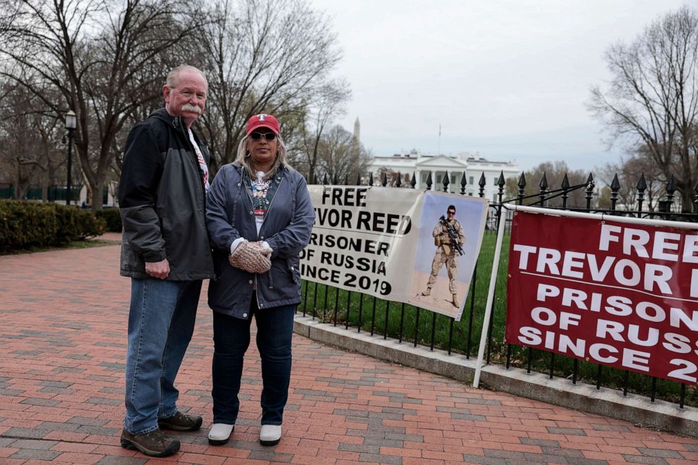 PHOTO: Joey Reed and Paula Reed, the parents of Trevor Reed, a Marine who is currently being detained in a Russian prison, demonstrate in Lafayette Park near the White House on March 30, 2022, in Washington.