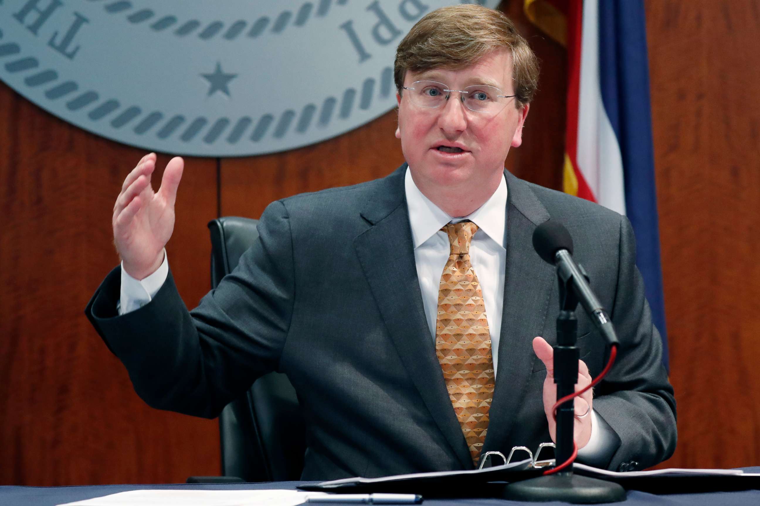PHOTO: Mississippi Republican Gov. Tate Reeves provides reporters an update on the state's response to COVID-19, Wednesday, April 29, 2020, in Jackson, Miss.