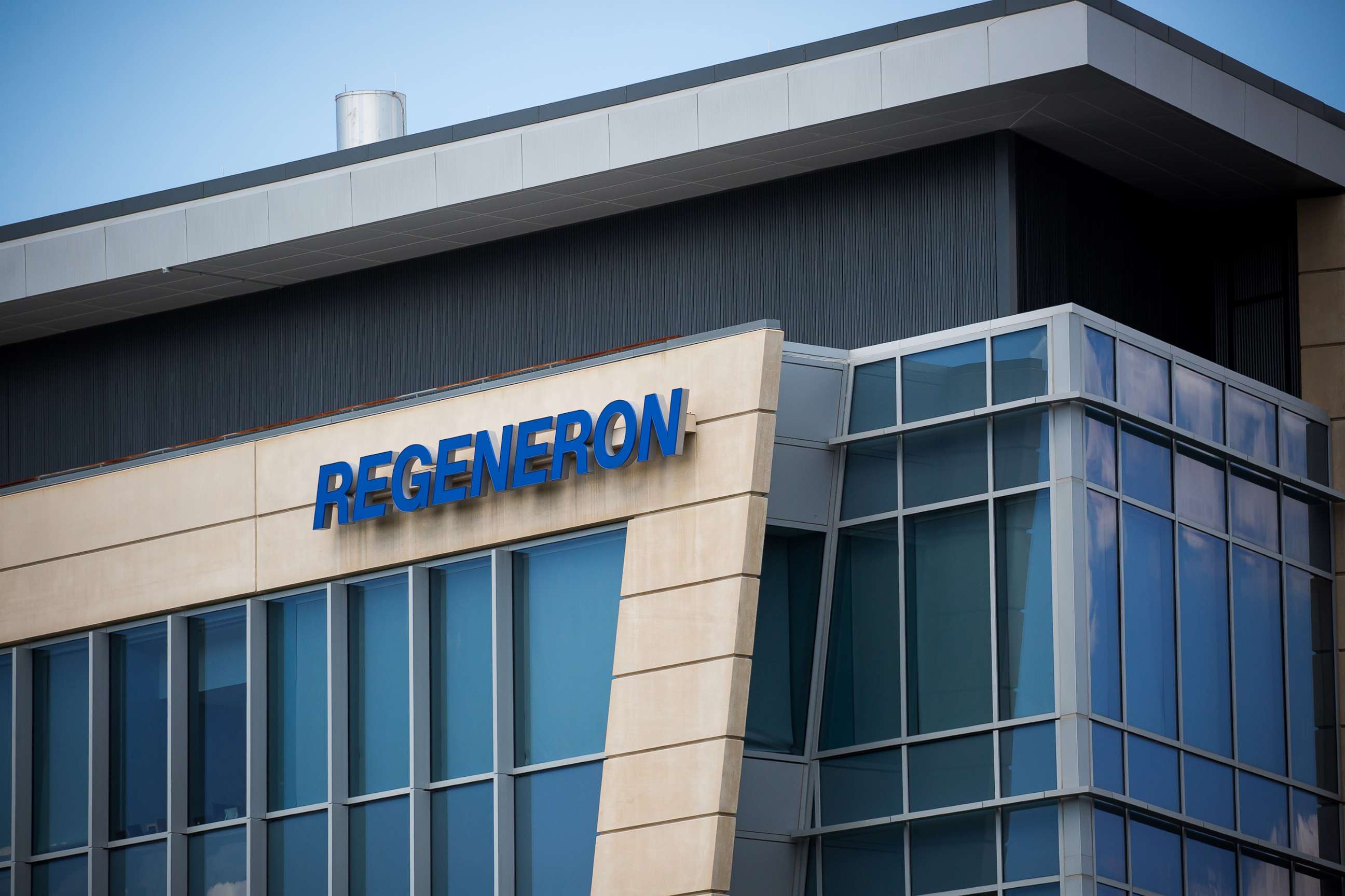 PHOTO: Regeneron Pharmaceuticals Inc. signage is displayed outside their headquarters in Tarrytown, N.Y., June 12, 2020. 
