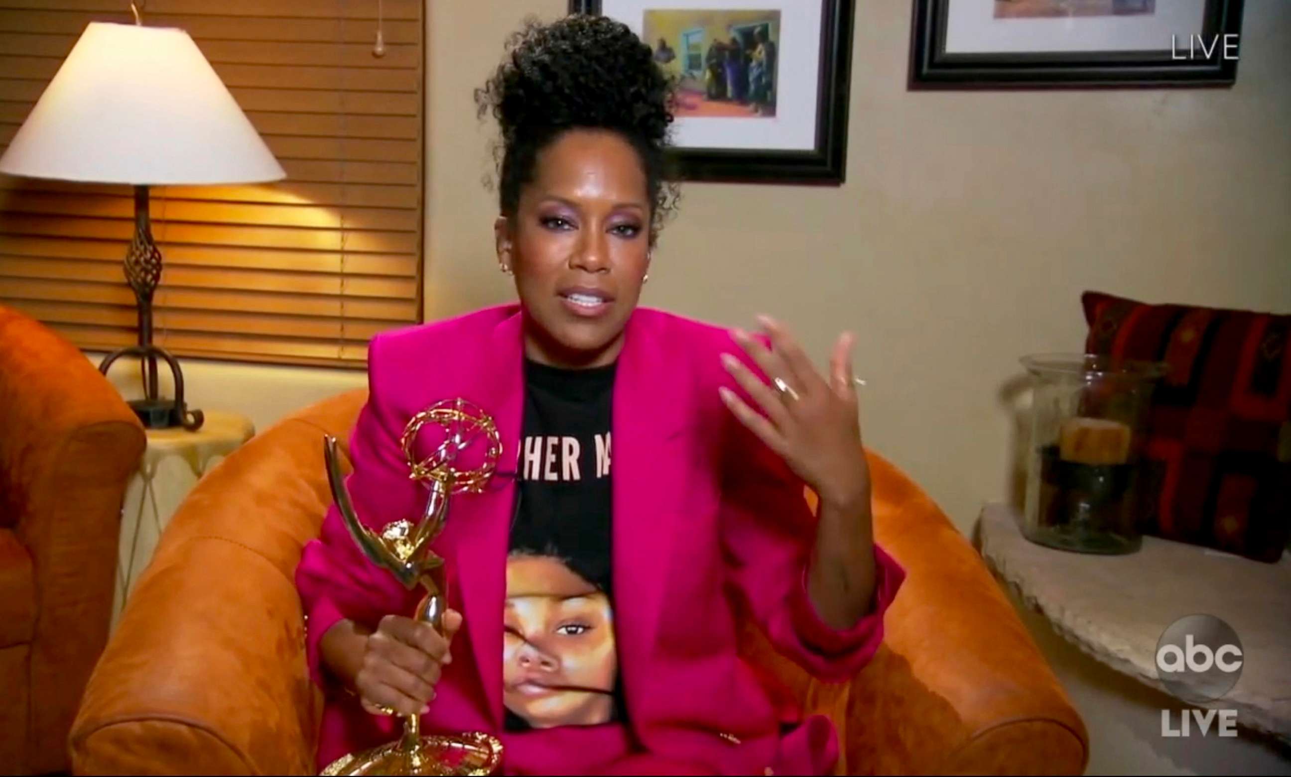 PHOTO: In this video grab, Regina King accepts the award for outstanding lead actress in a limited series or movie for "Watchmen" during the 72nd Emmy Awards broadcast airing on ABC, Sept. 20, 2020.