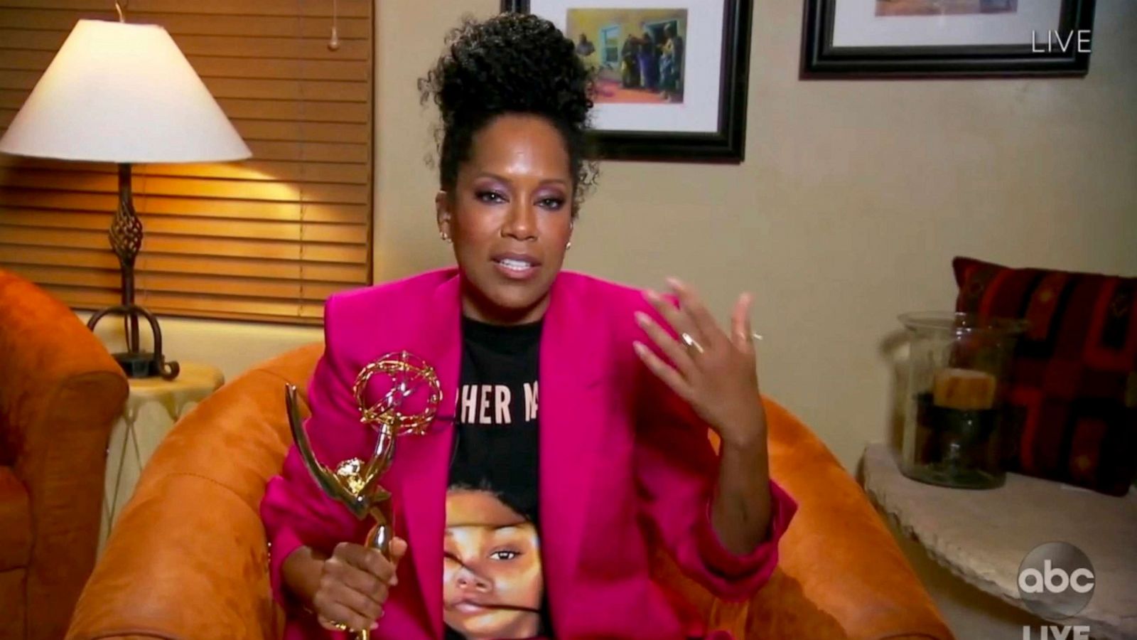 PHOTO: In this video grab, Regina King accepts the award for outstanding lead actress in a limited series or movie for "Watchmen" during the 72nd Emmy Awards broadcast airing on ABC, Sept. 20, 2020.