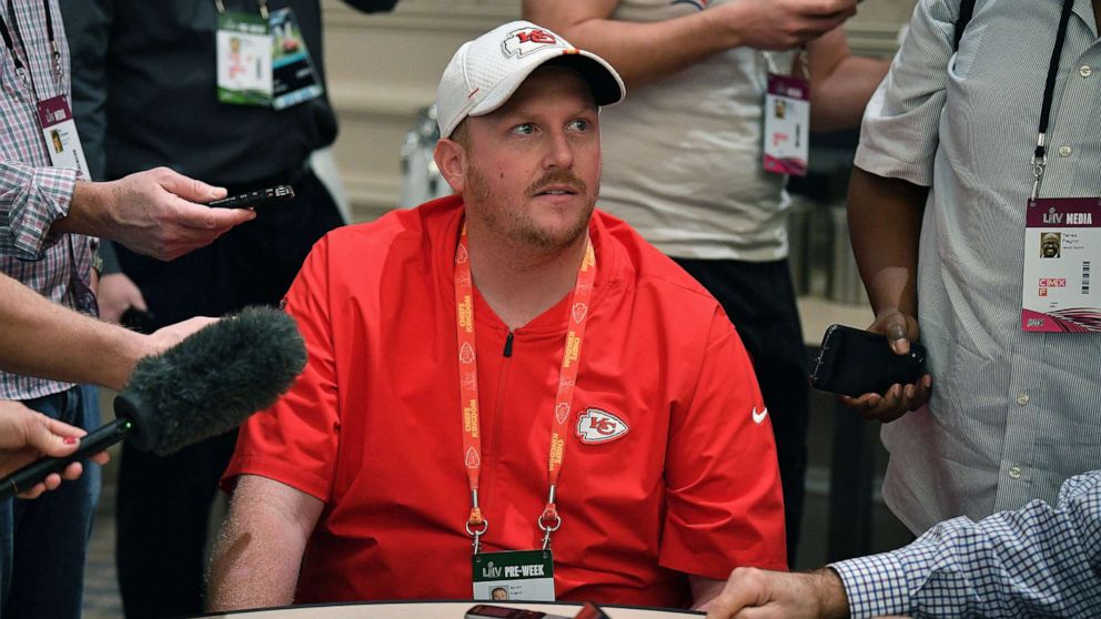 PHOTO: Britt Reid Linebackers coach for the Kansas City Chiefs speaks to the media during the Kansas City Chiefs media availability prior to Super Bowl LIV, Jan. 29, 2020, in Aventura, Fla. 