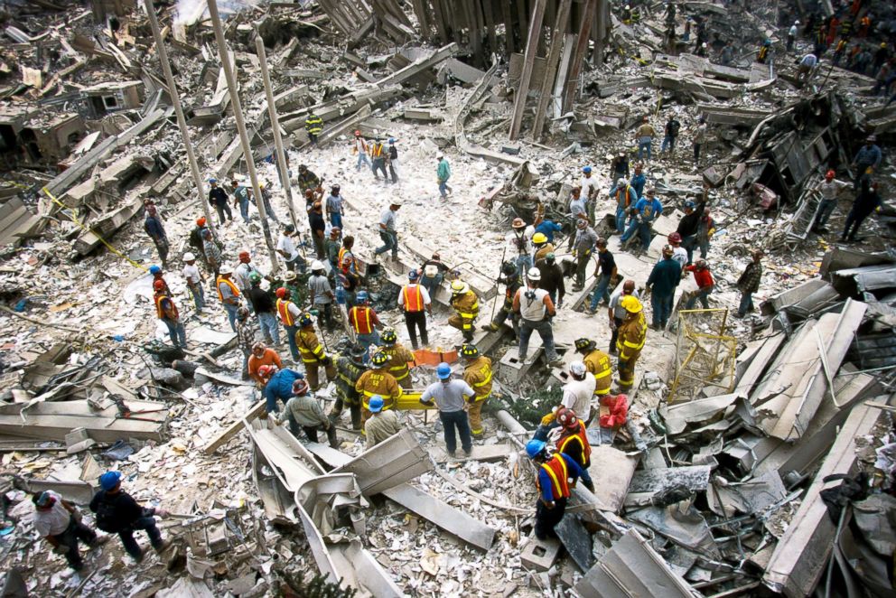 PHOTO: The rubble of the World Trade Center smoulders following a terrorist attack on Sept. 11, 2001, in New York.