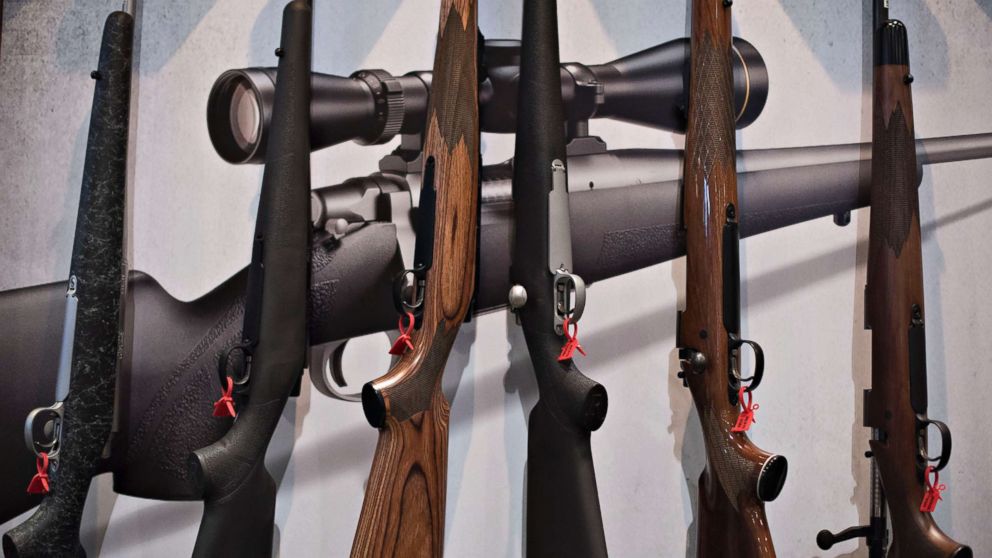 Bolt action rifles sit on display in the Remington Arms Co. LLC booth on the exhibition floor of the 144th National Rifle Association (NRA) Annual Meetings and Exhibits at the Music City Center in Nashville, April 11, 2015. 