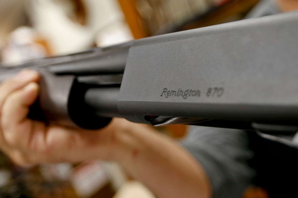 PHOTO: The Remington name is seen etched on a model 870 shotgun at Duke's Sport Shop in New Castle, Pa., March 1, 2018.