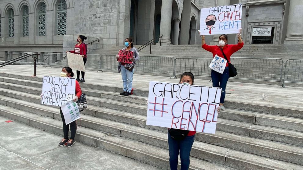 PHOTO: An L.A. Tenants Union rent strike in front of City Hall in Los Angeles, April 30, 2020.