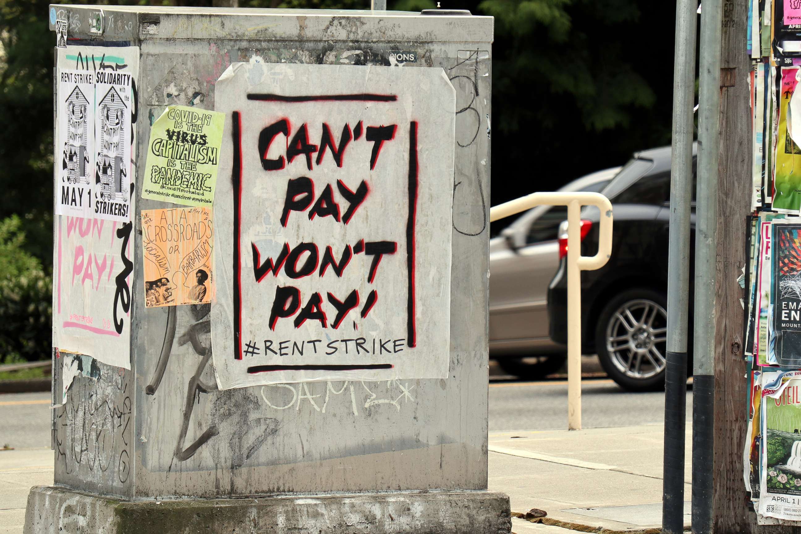 PHOTO: A utility box in Seattle's Capitol Hill neighborhood is shown covered in graffiti and posters calling for a rent strike, on May 1, 2020.