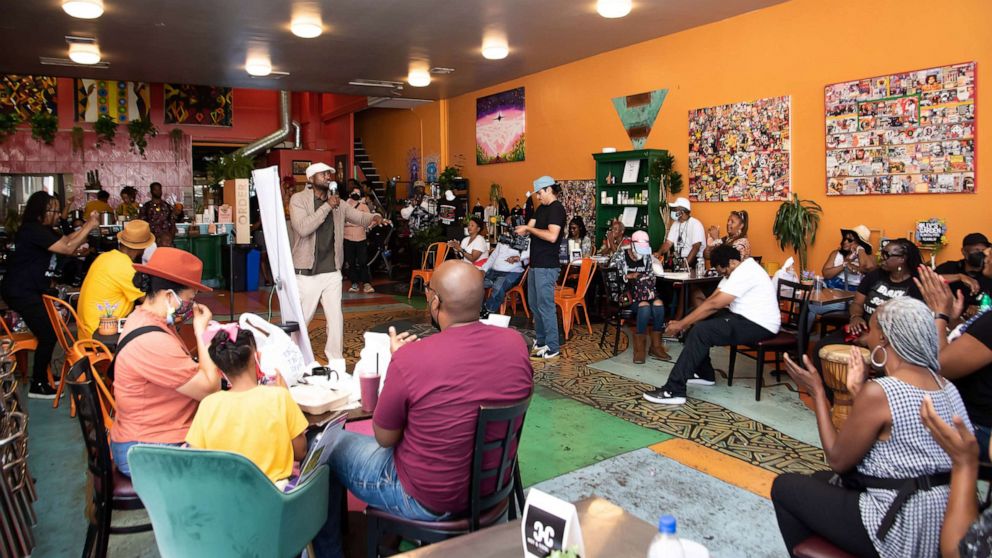 PHOTO: A community listening session, organized by the Coalition for a Just and Equable California, is held at the Hot and Cool Café in Los Angeles on July 18th, 2022.