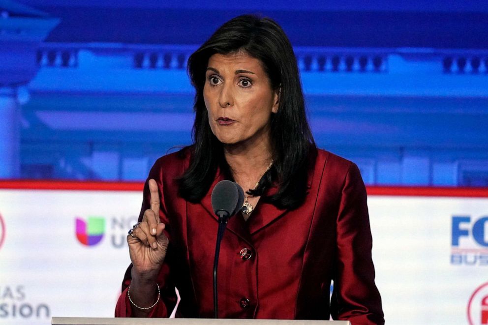 PHOTO: Former U.N. Ambassador Nikki Haley speaks during a Republican presidential primary debate hosted by FOX Business Network and Univision, Sept. 27, 2023, at the Ronald Reagan Presidential Library in Simi Valley, Calif.