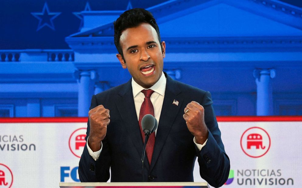 PHOTO: Former biotech executive Vivek Ramaswamy speaks during the second Republican candidates' debate of the 2024 U.S. presidential campaign at the Ronald Reagan Presidential Library in Simi Valley, Calif., Sept. 27, 2023.