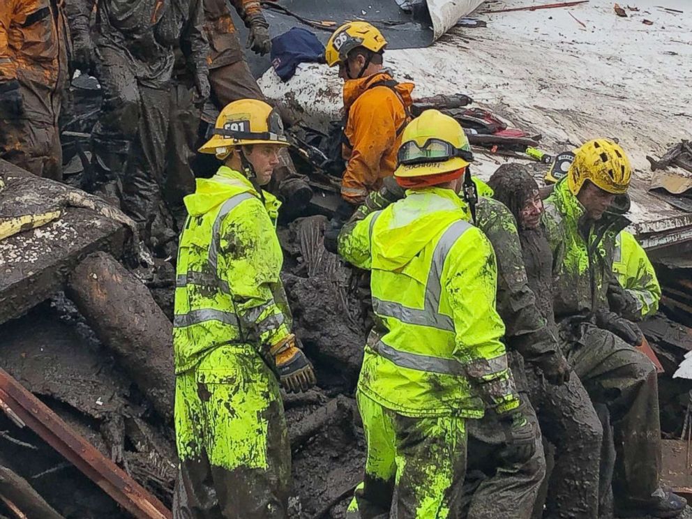 PHOTO: Firefighters rescue a 14-year-old girl trapped inside a destroyed home during heavy rains in Montecito, Calif., Jan. 9, 2018. Heavy rains overnight combined with large areas burned by the Thomas Fire combined for flash flooding and mudslide risk. 