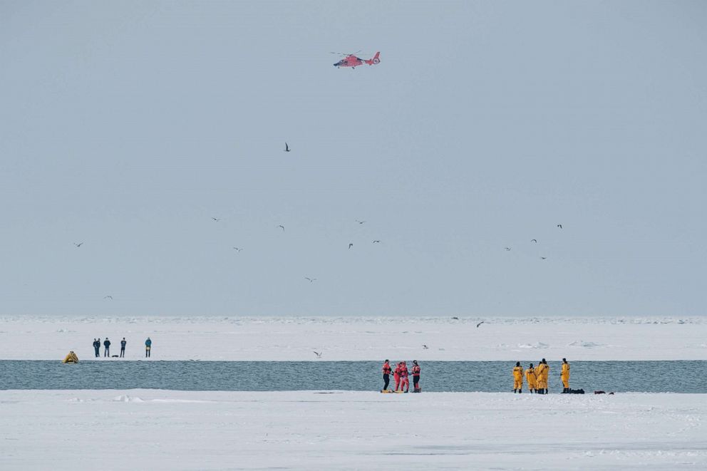 PHOTO: People rescued off the ice of Lake Erie, Feb. 21, 2021, at Edgewater Park in Cleveland.