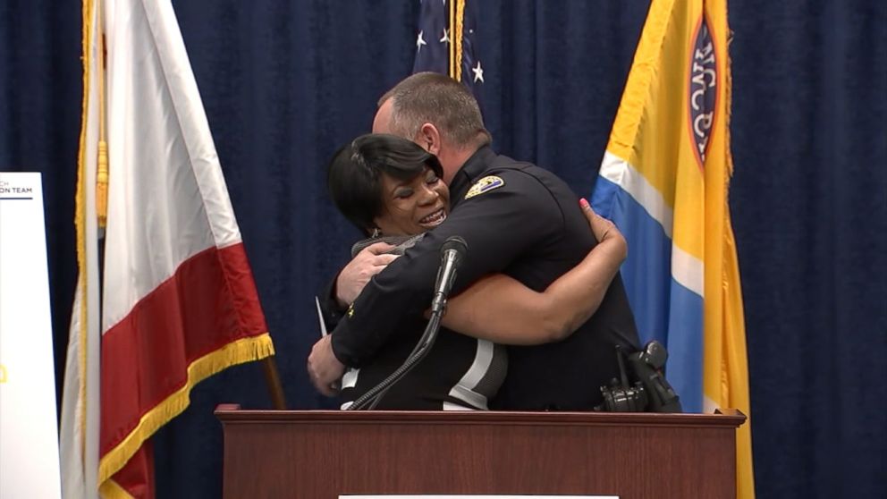 PHOTO: Tiffany Hall thanks Long Beach Police Officer Lt. Jim Foster for encouraging her to get off drugs and go to college. 