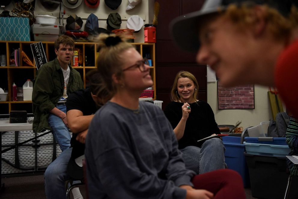 PHOTO: Kate Munson, 18, watches as her classmates participate in an improv exercise during a theater arts class at Shallowater High School in Shallowater, Texas,  May 11, 2021.