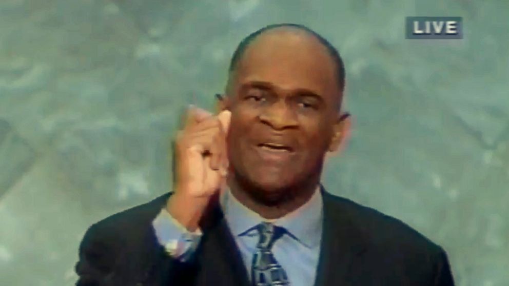 PHOTO: Pastor Kirbyjon Caldwell is seen speaking at the 2000 Republican National Convention on behalf of then-Gov. George W. Bush, Aug. 3, 2000 in Philadelphia.