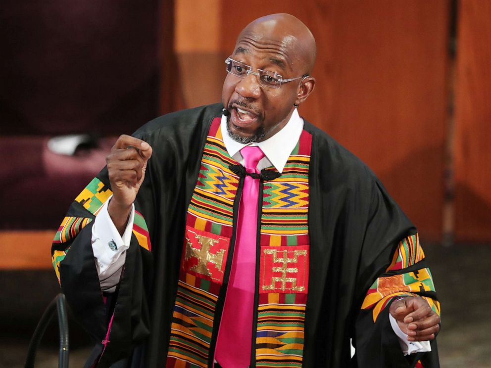 PHOTO: Rev. Raphael G. Warnock delivers the eulogy for Rayshard Brooks at his funeral in Ebenezer Baptist Church, June 23, 2020, in Atlanta. 