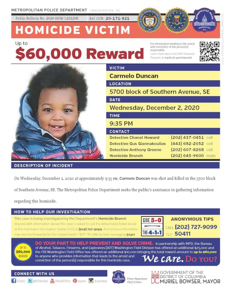 PHOTO: Police issued a reward a reward for information leading to the arrest of the suspect in the shooting death of a one-year-old child in Capitol Heights, Md., that occurred on Dec. 2, 2020.
