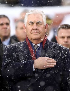 PHOTO: Secretary of State Rex Tillerson stands for the national anthem on the sideline before the game between the Army Black Knights and the Navy Midshipmen, Dec. 9, 2017 at Lincoln Financial Field in Philadelphia.