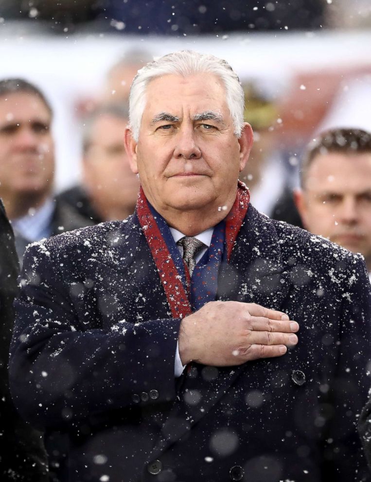 PHOTO: Secretary of State Rex Tillerson stands for the national anthem on the sideline before the game between the Army Black Knights and the Navy Midshipmen, Dec. 9, 2017  at Lincoln Financial Field in Philadelphia.  