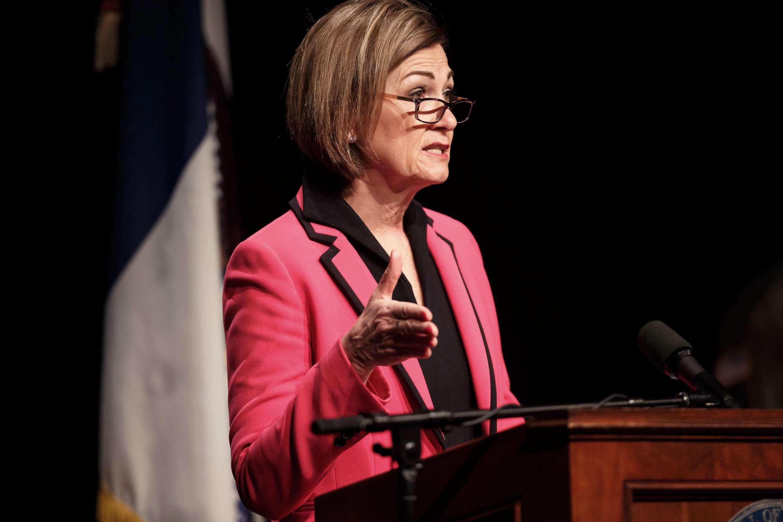 PHOTO: Iowa Governor Kim Reynolds speaks during a press conference at Iowa PBS, April 21, 2021, in Johnston, Iowa.