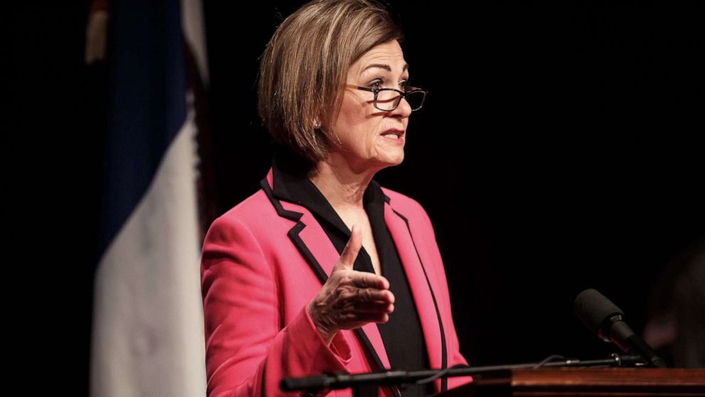 PHOTO: Iowa Governor Kim Reynolds speaks during a press conference at Iowa PBS, April 21, 2021, in Johnston, Iowa.