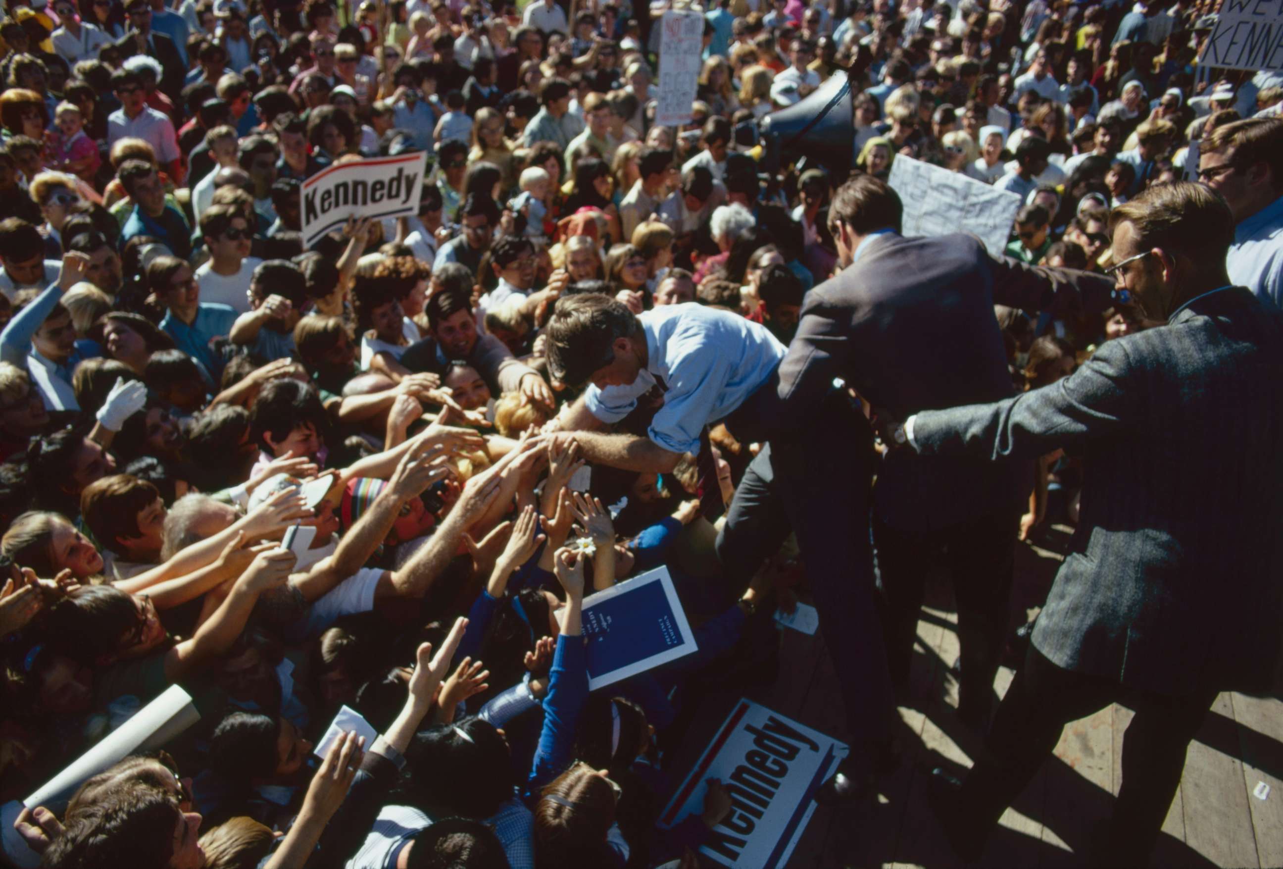PHOTO: Senator Robert F. Kennedy shakes hands with crowd while campaigning in Oregon, June 1968.