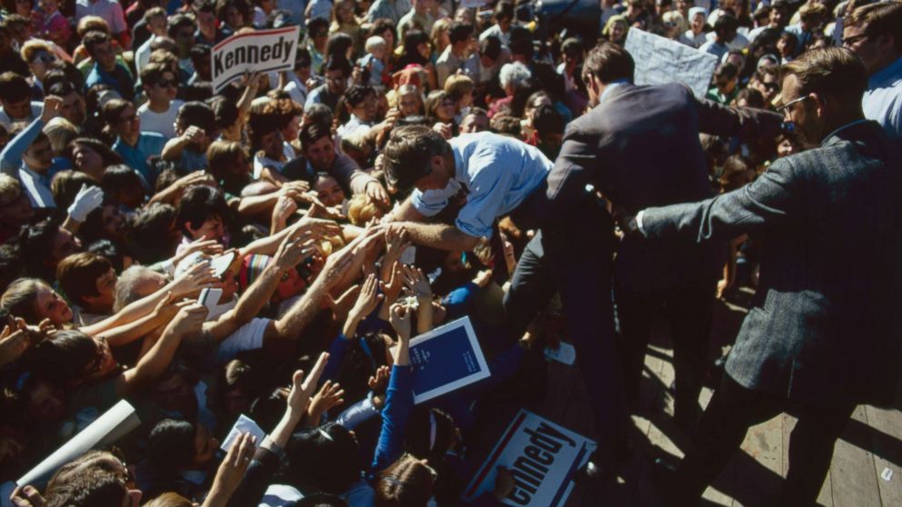 PHOTO: Senator Robert F. Kennedy shakes hands with crowd while campaigning in Oregon, June 1968.