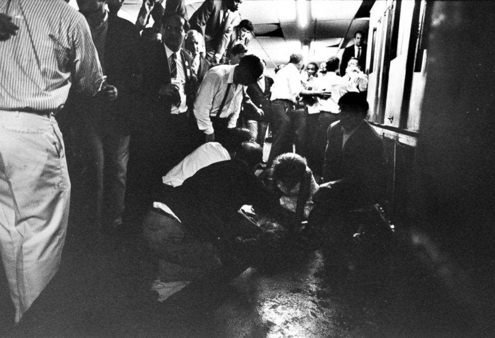 PHOTO: Robert F. Kennedy's wife kneeling next to him after he was fatally wounded, June 6, 1968 at the Ambassador Hotel in Los Angeles.