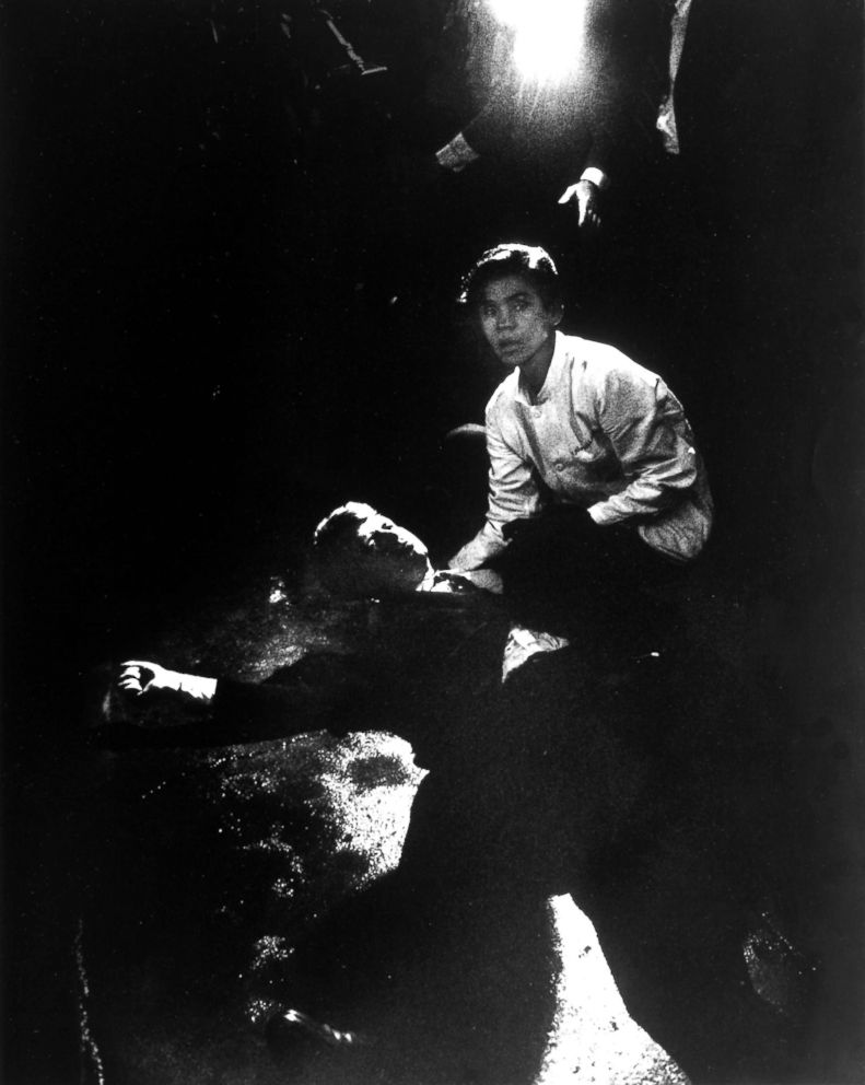 PHOTO: Sen. Robert Kennedy sprawled semi-conscious in his own blood after being shot in brain and neck while busboy Juan Romero tries to comfort him, in kitchen at hotel, June 6, 1968.