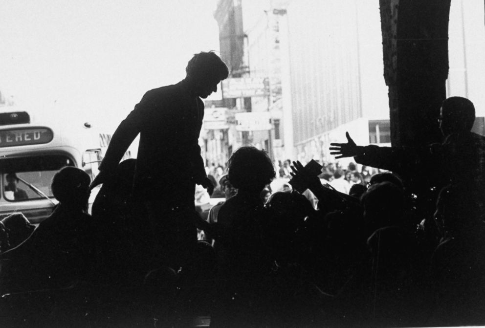 PHOTO: Silhouette of Senator Robert F. Kennedy campaigning in Indiana Presidential primary, March 7, 1968.
