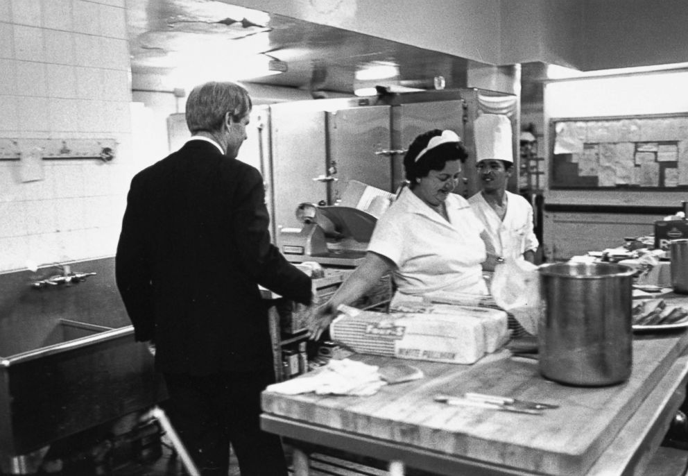 PHOTO: Sen. Robert Kennedy shaking hands with kitchen help en route to podium in ballroom to deliver his victory speech at the Ambassador Hotel prior to his assassination, June 5, 1968.