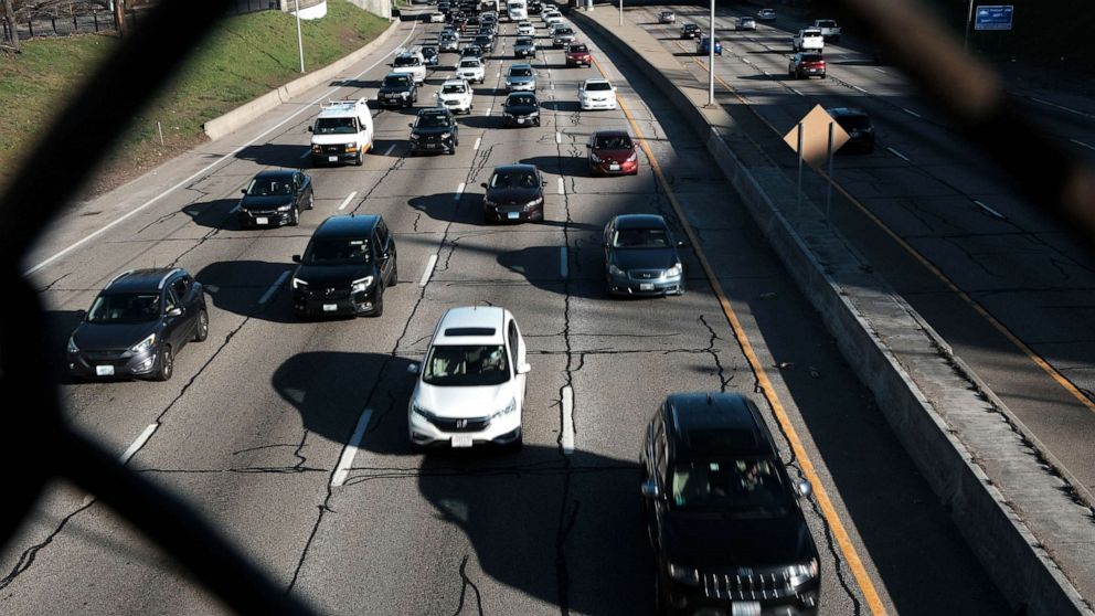 PHOTO: Motorists drive down a highway on April 08, 2021 in Providence, Rhode Island.