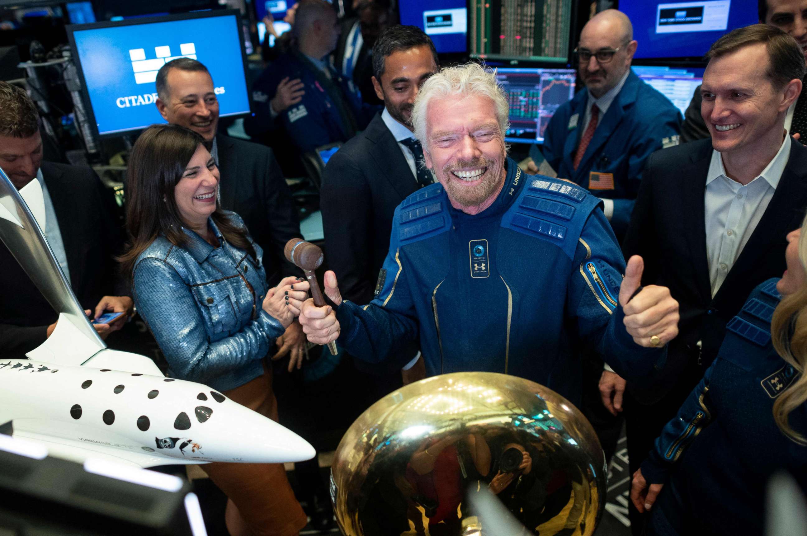 PHOTO: In this file photo taken on Oct. 28, 2019, Richard Branson, founder of Virgin Galactic poses next to George T. Whitesides, CEO of Virgin Galactic Holdings after ringing the bell at the New York Stock Exchange in New York City.
