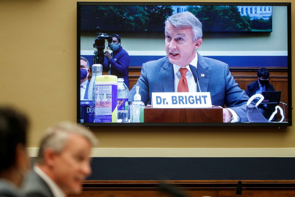 PHOTO: Dr. Richard Bright, former director of the Biomedical Advanced Research and Development Authority, testifies before a House Energy and Commerce Subcommittee on Health on Capitol Hill in Washington,  May 14, 2020.