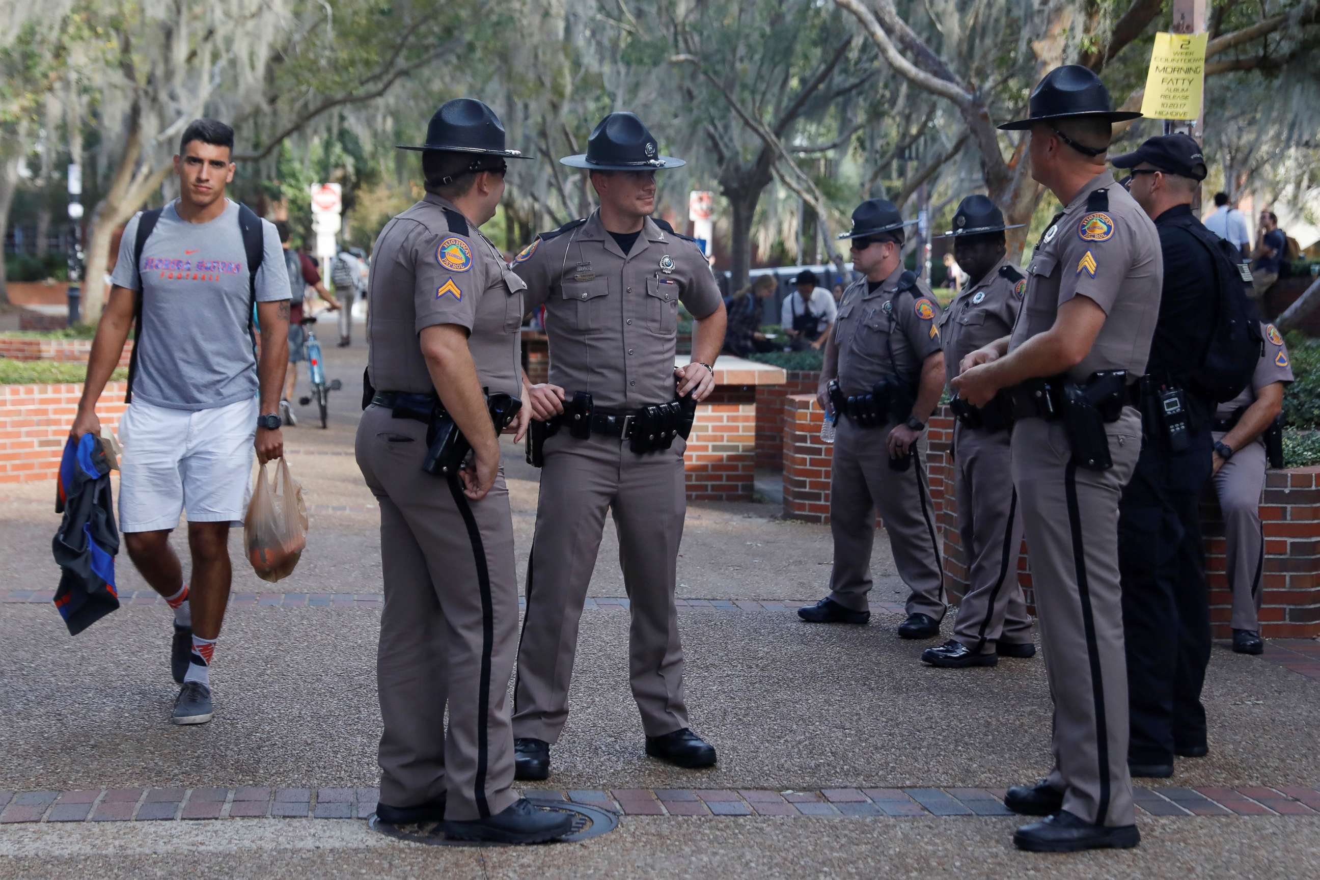 PHOTO: Florida Highway Patrol officers stand guard the day before a speech by Richard Spencer, an avowed white nationalist and spokesperson for the so-called alt-right movement, on the campus of the University of Florida, Oct. 18, 2017.