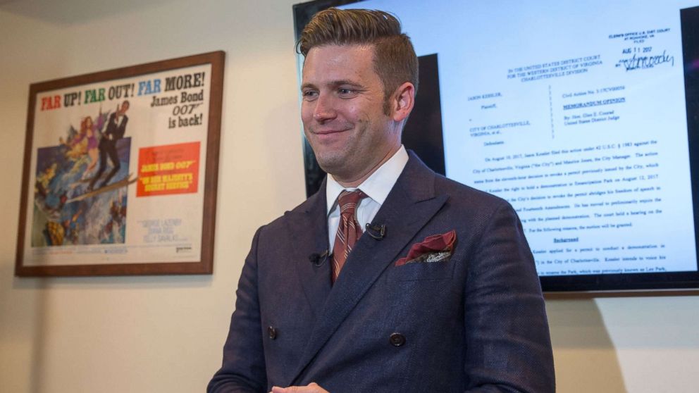 PHOTO: White nationalist Richard Spencer speaks to select media in his office space, Aug. 14, 2017, in Alexandria, Virginia. 