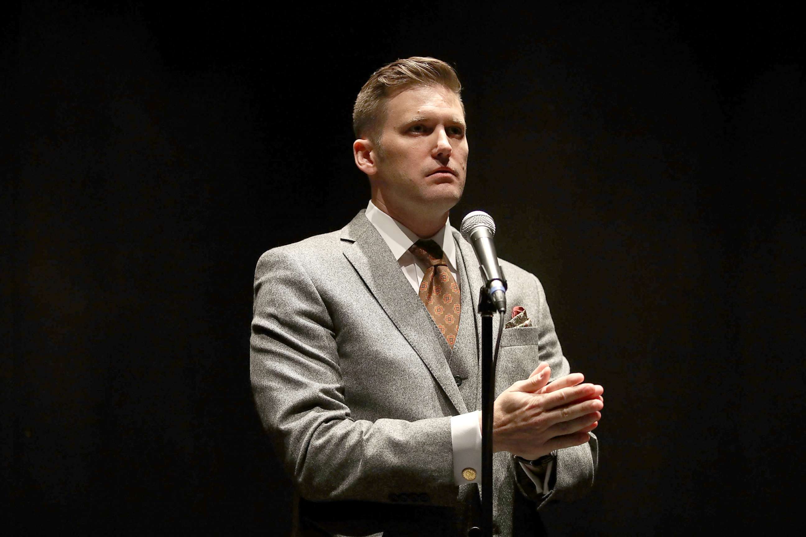 PHOTO: White nationalist Richard Spencer, who popularized the term "alt-right" speaks during a press conference at the Curtis M. Phillips Center for the Performing Arts, Oct. 19, 2017, in Gainesville, Fla.