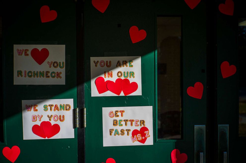 PHOTO: Messages of support for teacher Abby Zwerner, who was shot by a 6 year old student, grace the front door of Richneck Elementary School, Jan. 9, 2023, in Newport News, Va.