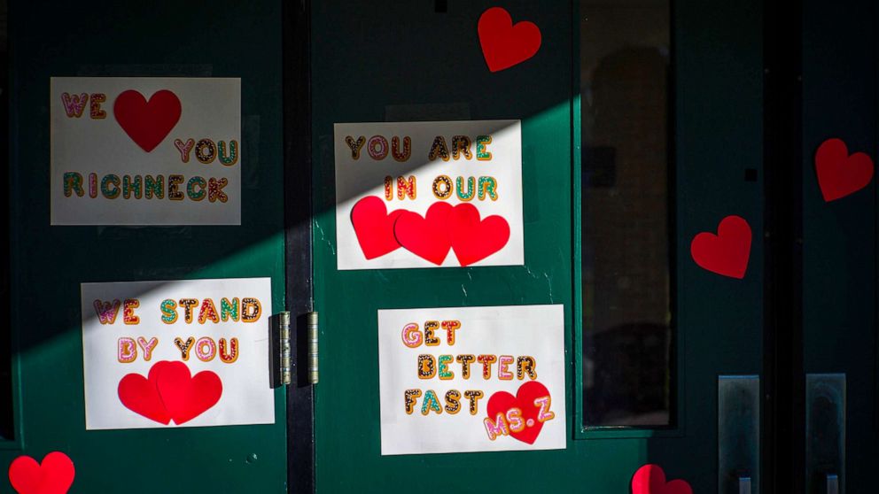 PHOTO: FILE - Messages of support for teacher Abby Zwerner, who was shot by a 6-year-old student, grace the front door of Richneck Elementary School Newport News, Va. Jan. 9, 2023.