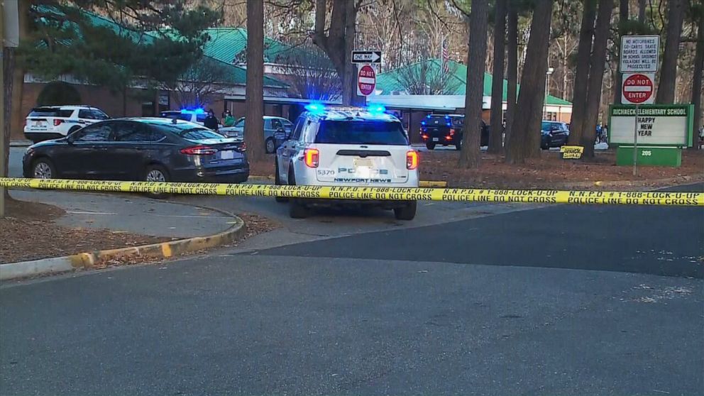 PHOTO: In this screen grab from a video, police are on the scene of a shooting at Richneck Elementary School in Newport News, Va., on Jan. 6, 2023.