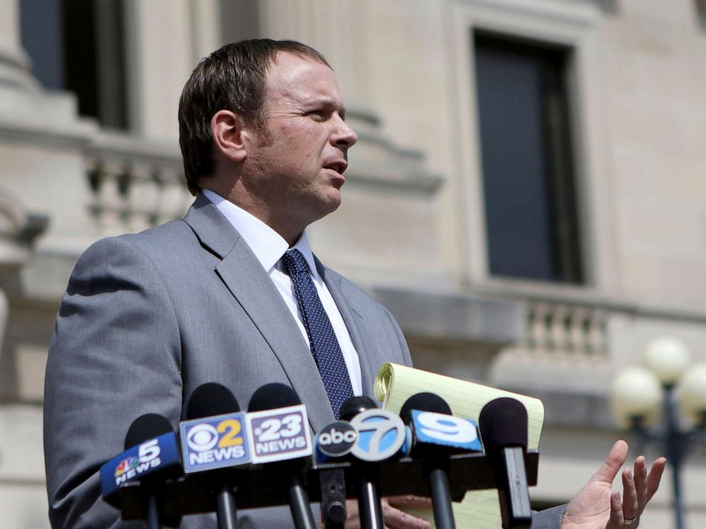 PHOTO: DeKalb County State Attorney Rick Amato issues a statement to the media, April 12, 2017 at the DeKalb County Courthouse in Sycamore, Illinois.