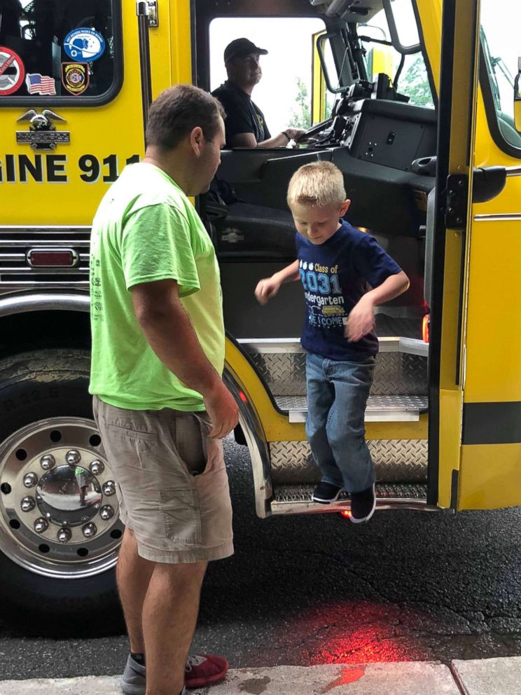 PHOTO: Cooper Brooks, 5, was escorted to his first day of school on a fire truck from the Sullivan County Volunteer Fire Department where his father was a fireman.
