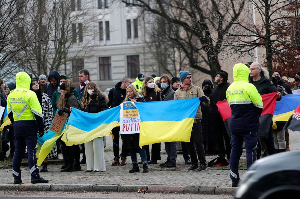 PHOTO: People protest against Russia's military operation in Ukraine, outside the Russian Embassy in Riga, Latvia, Feb. 24, 2022.