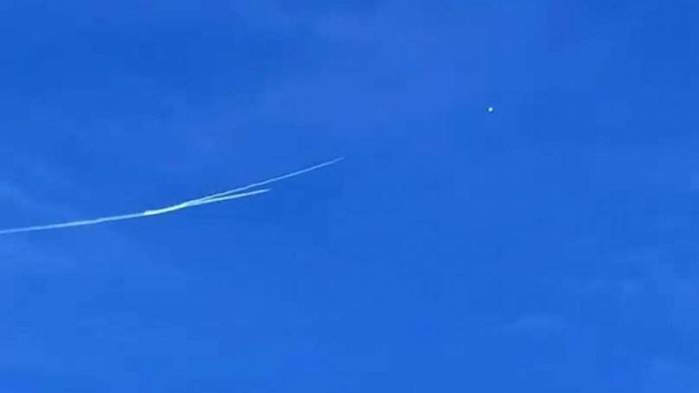 PHOTO: In this screen grab from a video on social media, the balloon in shown being shot down near Murrells Inlet, S.C., on Feb. 4, 2023.