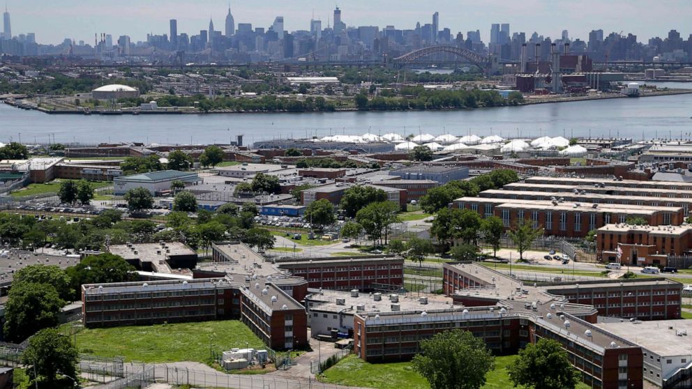 PHOTO: This June 20, 2014 file photo shows the Rikers Island jail complex in New York with the Manhattan skyline in the background.