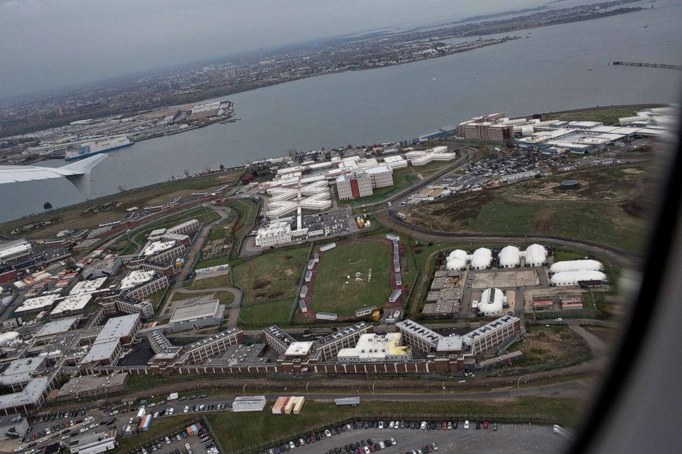 PHOTO: FILE PHOTO: A view of several of the jails on Rikers Island as seen from an airplane on Nov. 7, 2019, in Queens, New York.