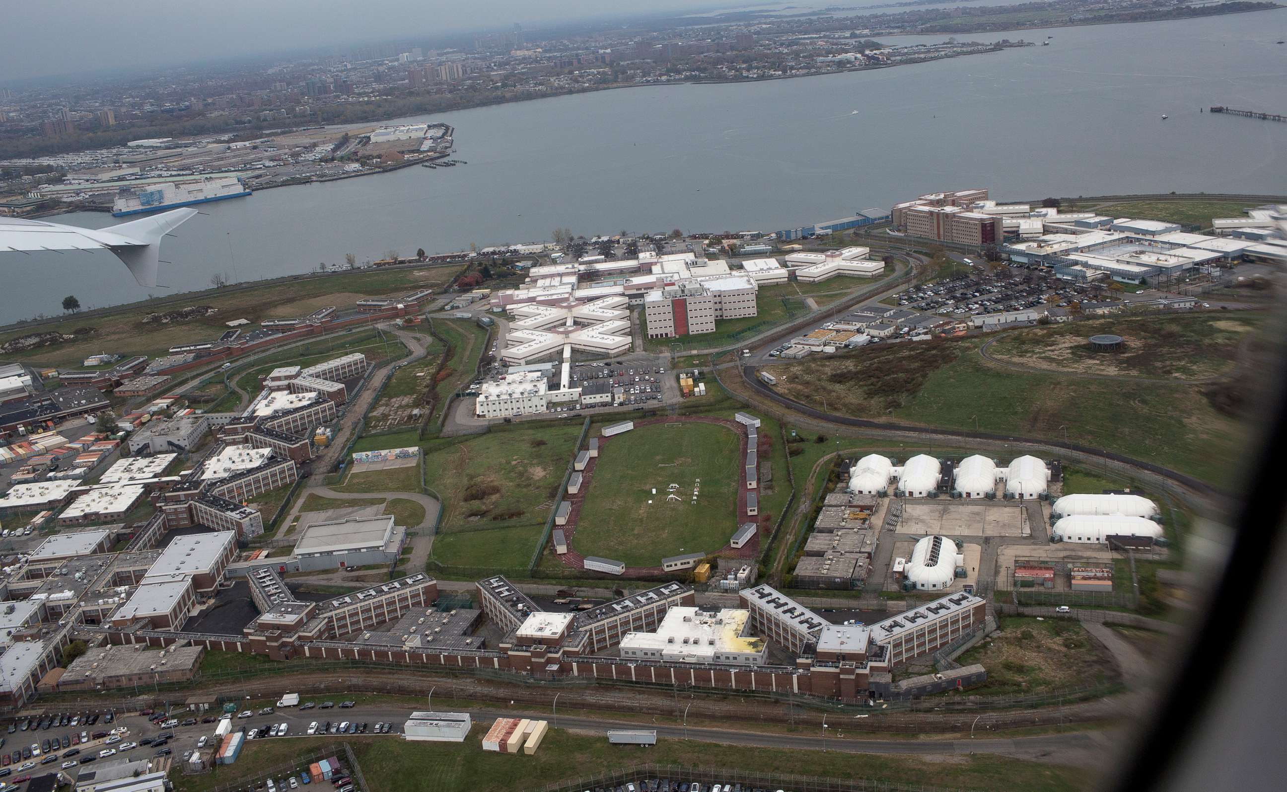 PHOTO: A view of several of the jails on Rikers Island as seen from the air, Nov. 7, 2019, in Queens, New York.