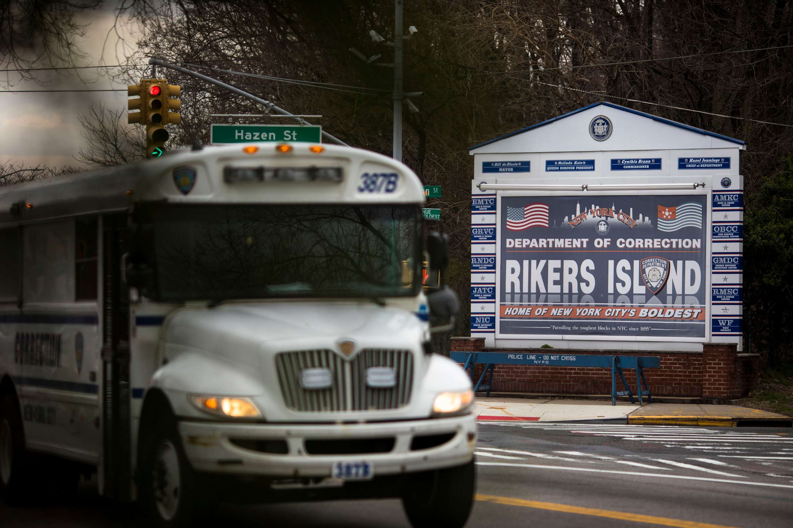 PHOTO: A bus passes the entrance to the Rikers Island jail complex in New York, March 20, 2020.